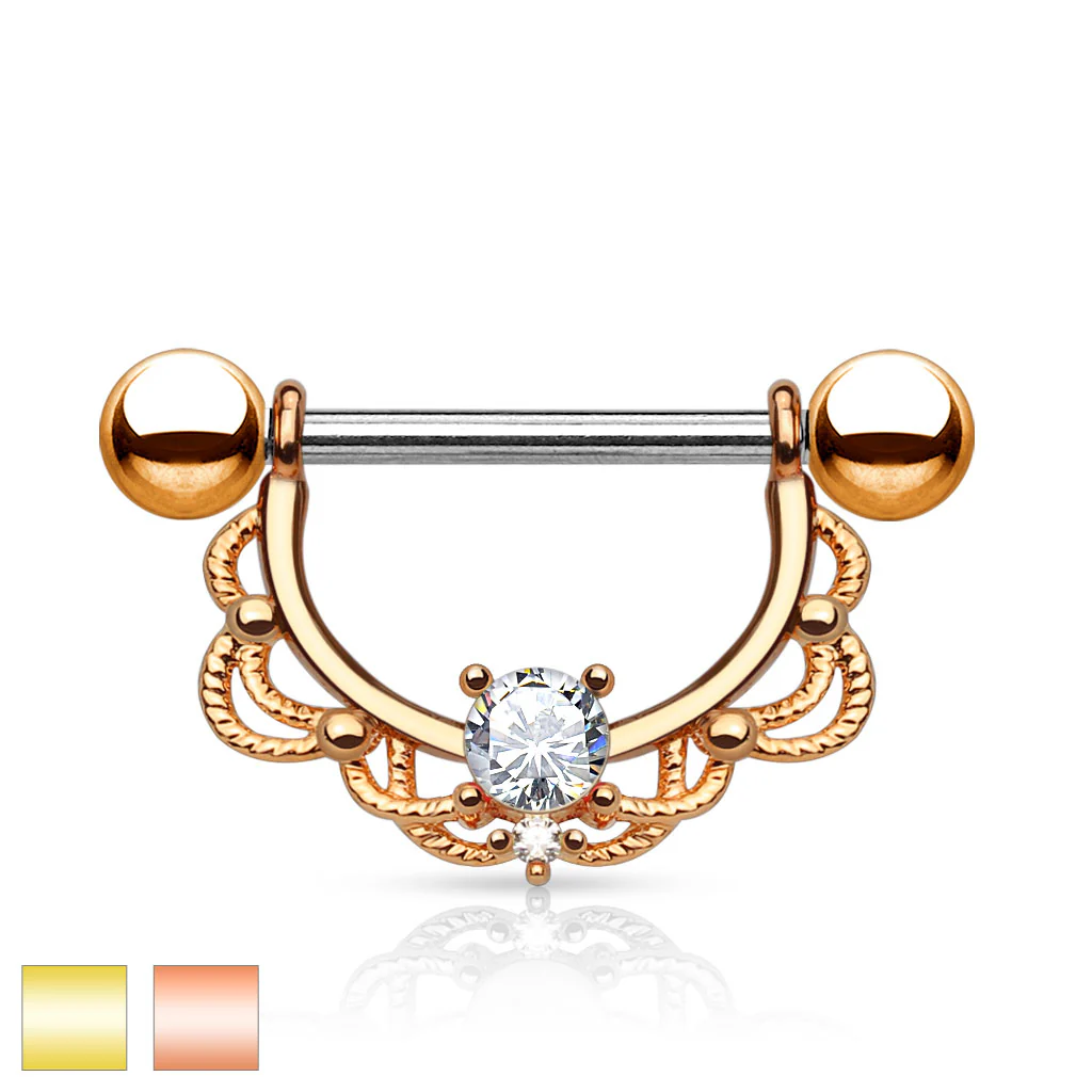 Pair of CZ Filigree 14K Gold Plated on Surgical Steel Nipple Rings