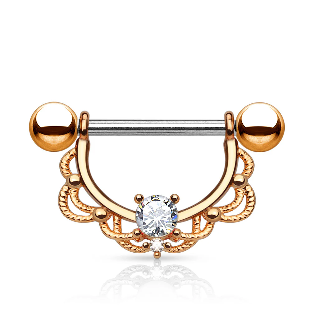 Pair of CZ Filigree 14K Gold Plated on Surgical Steel Nipple Rings - Image 3