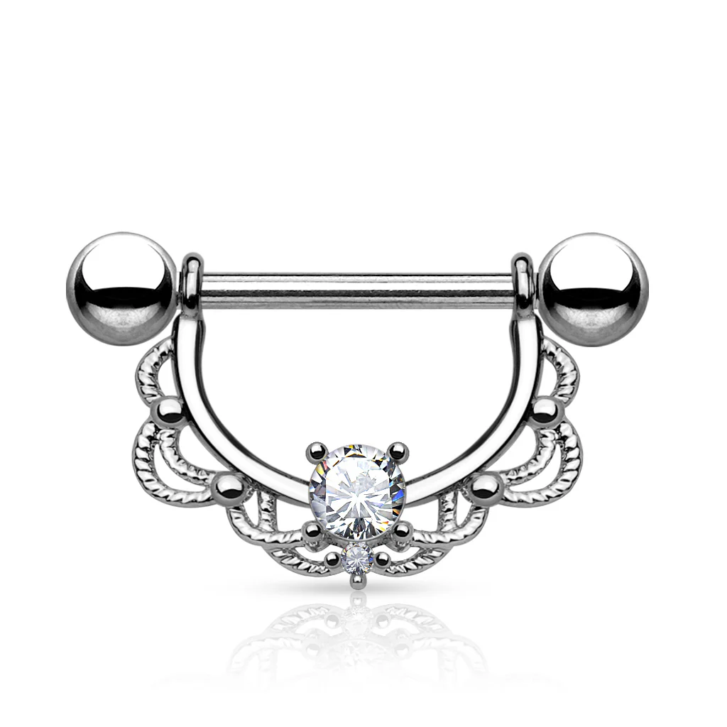 Pair of CZ Filigree Drop Surgical Steel Barbell Nipple Rings - Image 2