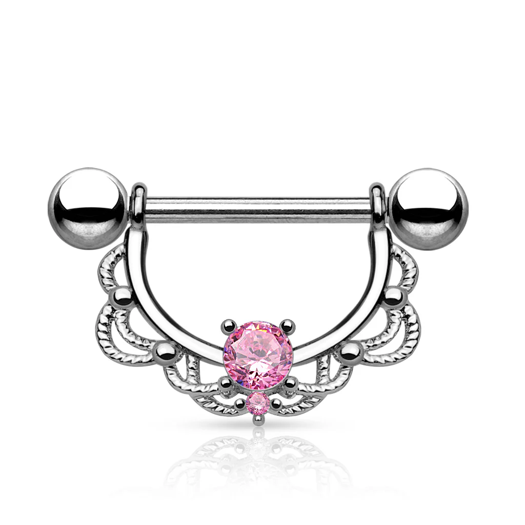 Pair of CZ Filigree Drop Surgical Steel Barbell Nipple Rings - Image 3