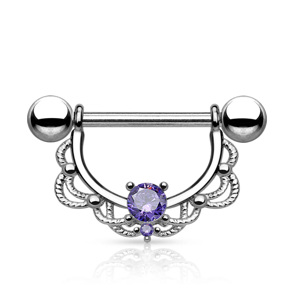 Pair of CZ Filigree Drop Surgical Steel Barbell Nipple Rings - Image 5