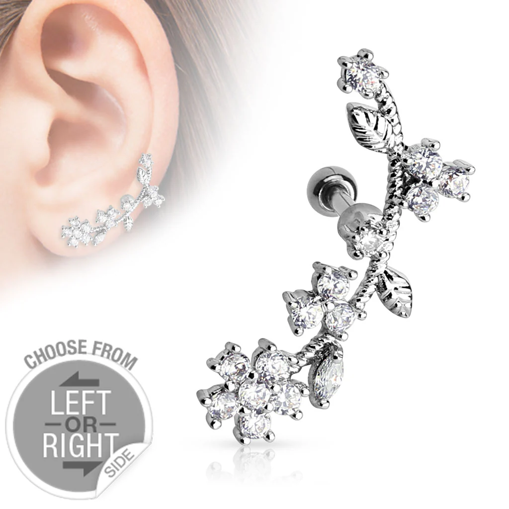 CZ Flower Vine Ear Cartilage Daith Tragus Helix Barbell - Image 2