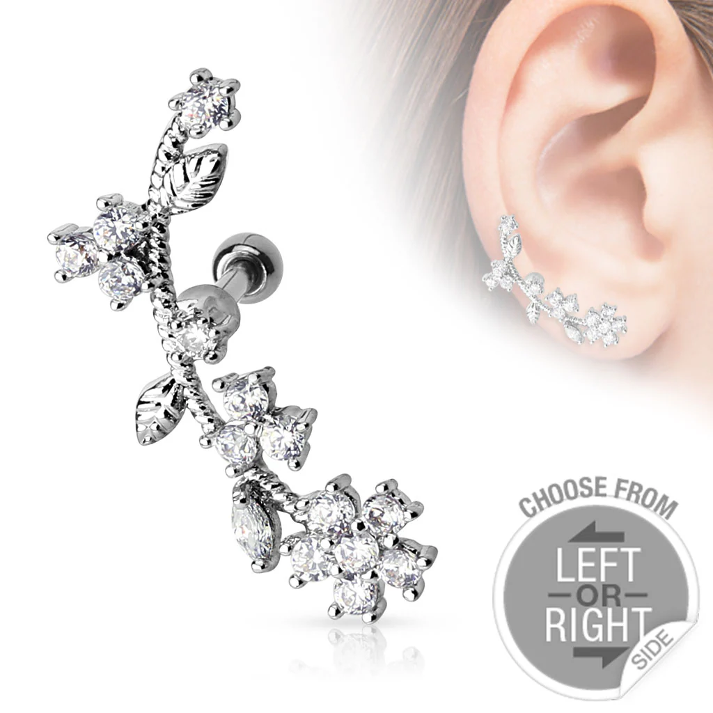 CZ Flower Vine Ear Cartilage Daith Tragus Helix Barbell - Image 3
