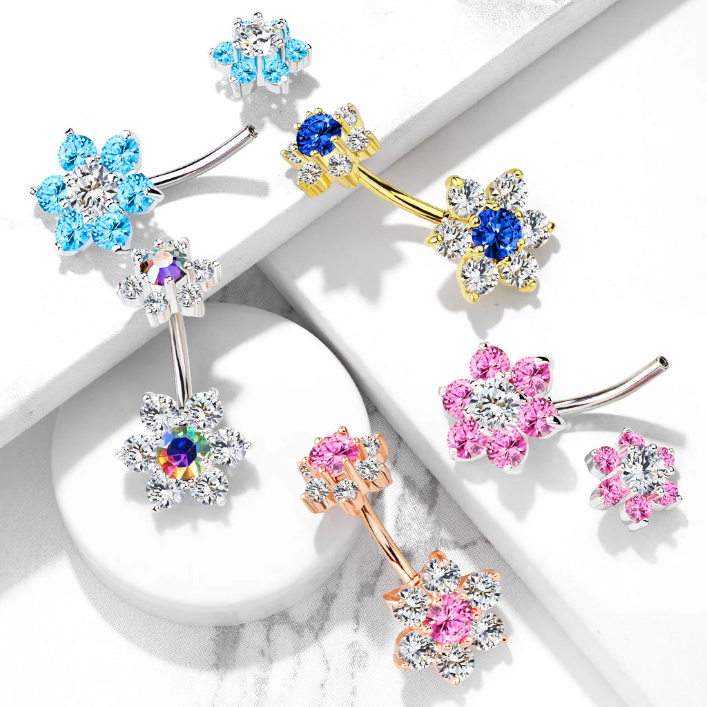 CZ Flower With Internally Threaded Top Dangle Navel Belly Button Ring