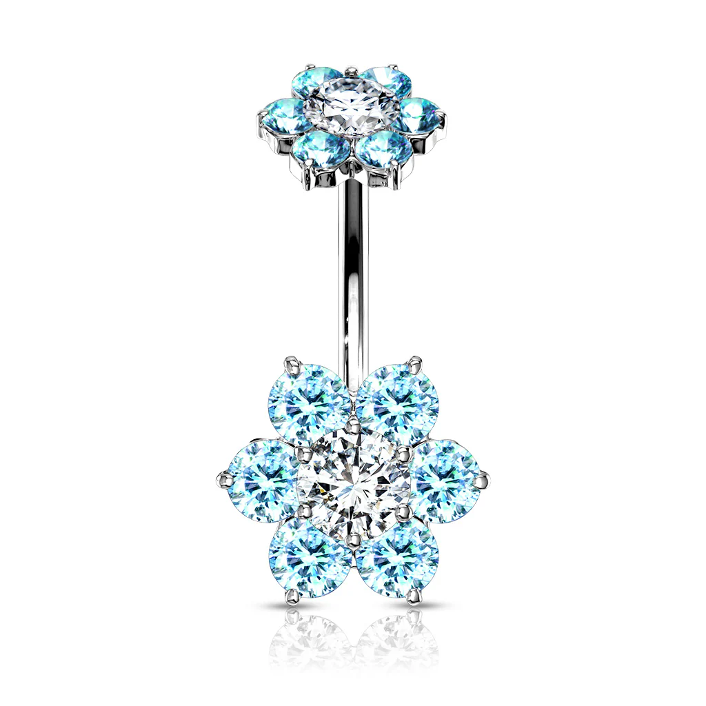 CZ Flower With Internally Threaded Top Dangle Navel Belly Button Ring - Image 3