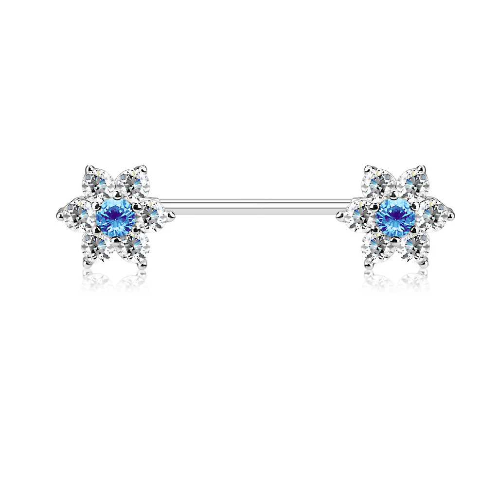 Pair of CZ Flowers Surgical Steel Barbell Nipple Rings - Image 3