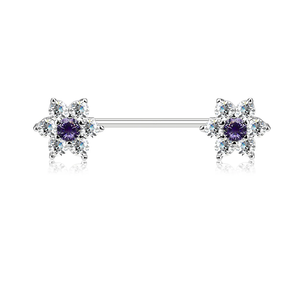 Pair of CZ Flowers Surgical Steel Barbell Nipple Rings - Image 4