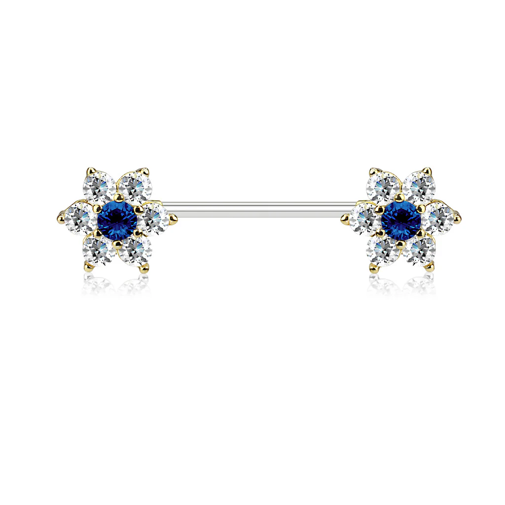 Pair of CZ Flowers Surgical Steel Barbell Nipple Rings - Image 5
