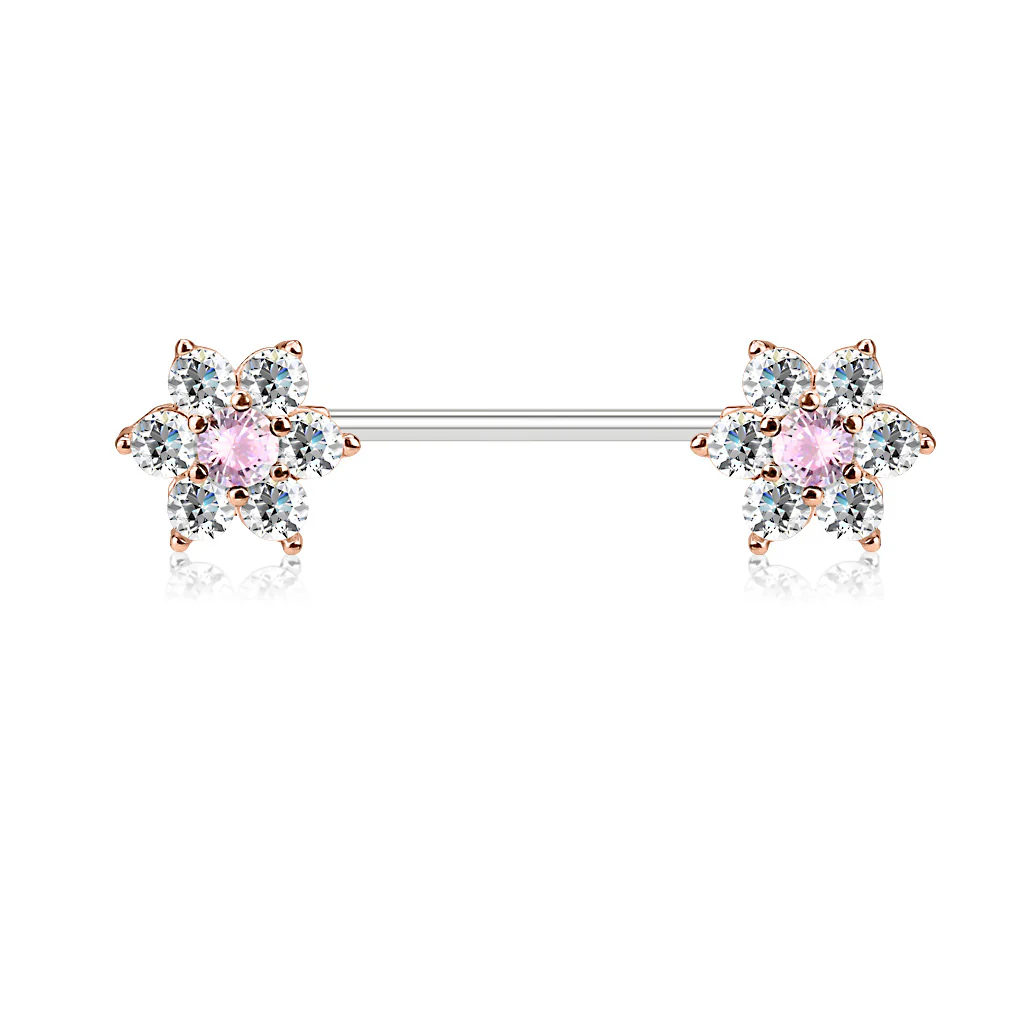 Pair of CZ Flowers Surgical Steel Barbell Nipple Rings - Image 6