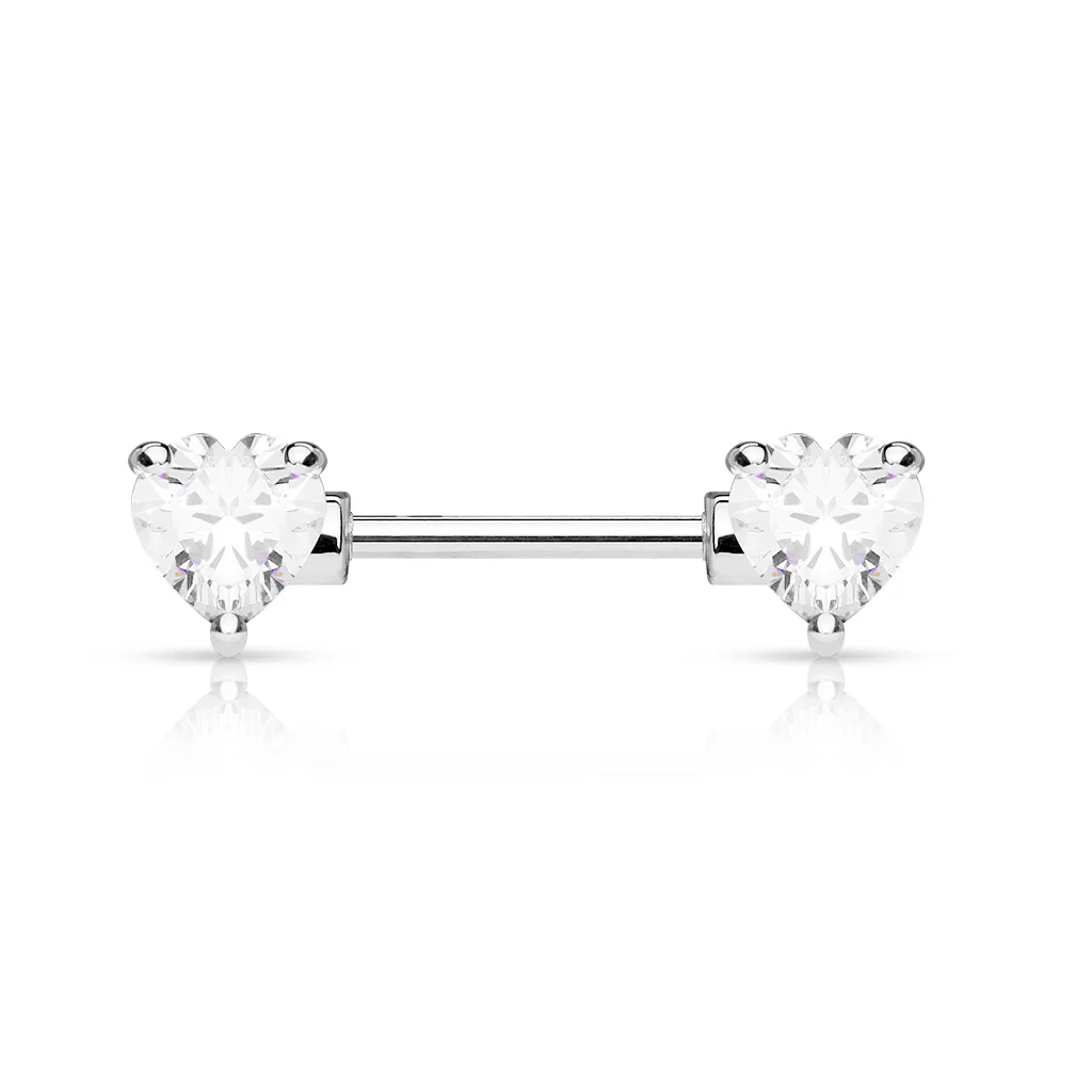 Pair of Prong Set CZ Heart Surgical Steel Barbell Nipple Rings - Image 2