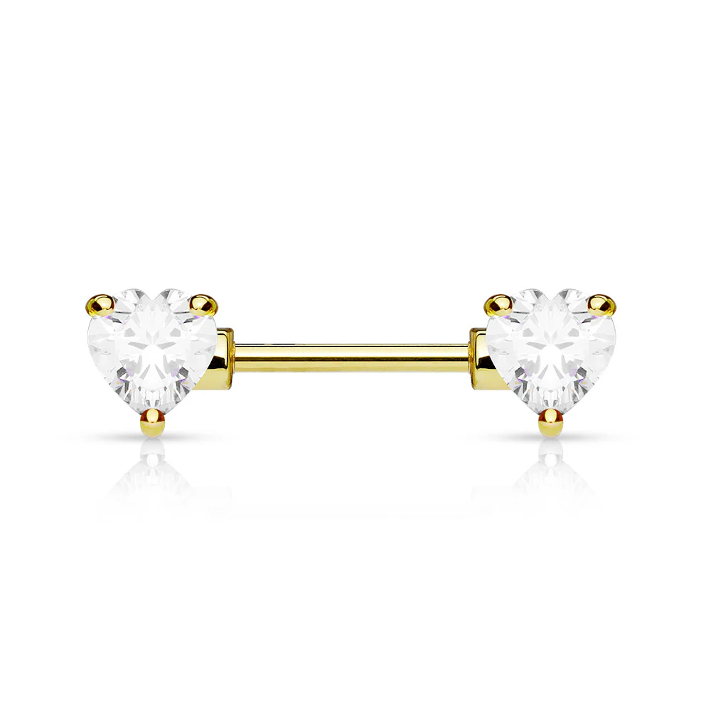 Pair of Prong Set CZ Heart Surgical Steel Barbell Nipple Rings - Image 3