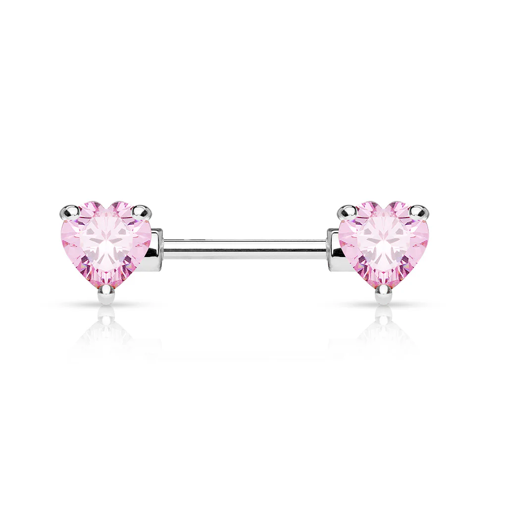 Pair of Prong Set CZ Heart Surgical Steel Barbell Nipple Rings - Image 4