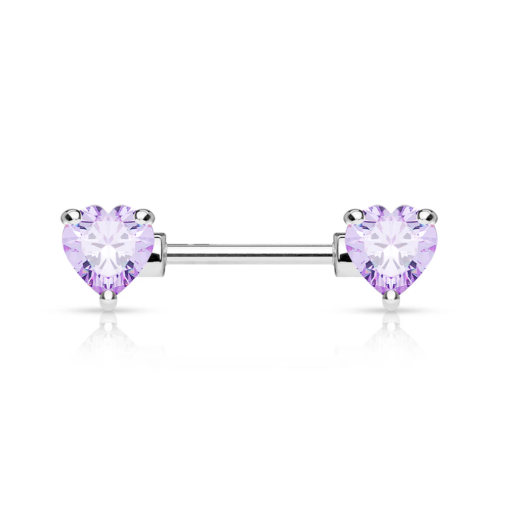 Pair of Prong Set CZ Heart Surgical Steel Barbell Nipple Rings - Image 9
