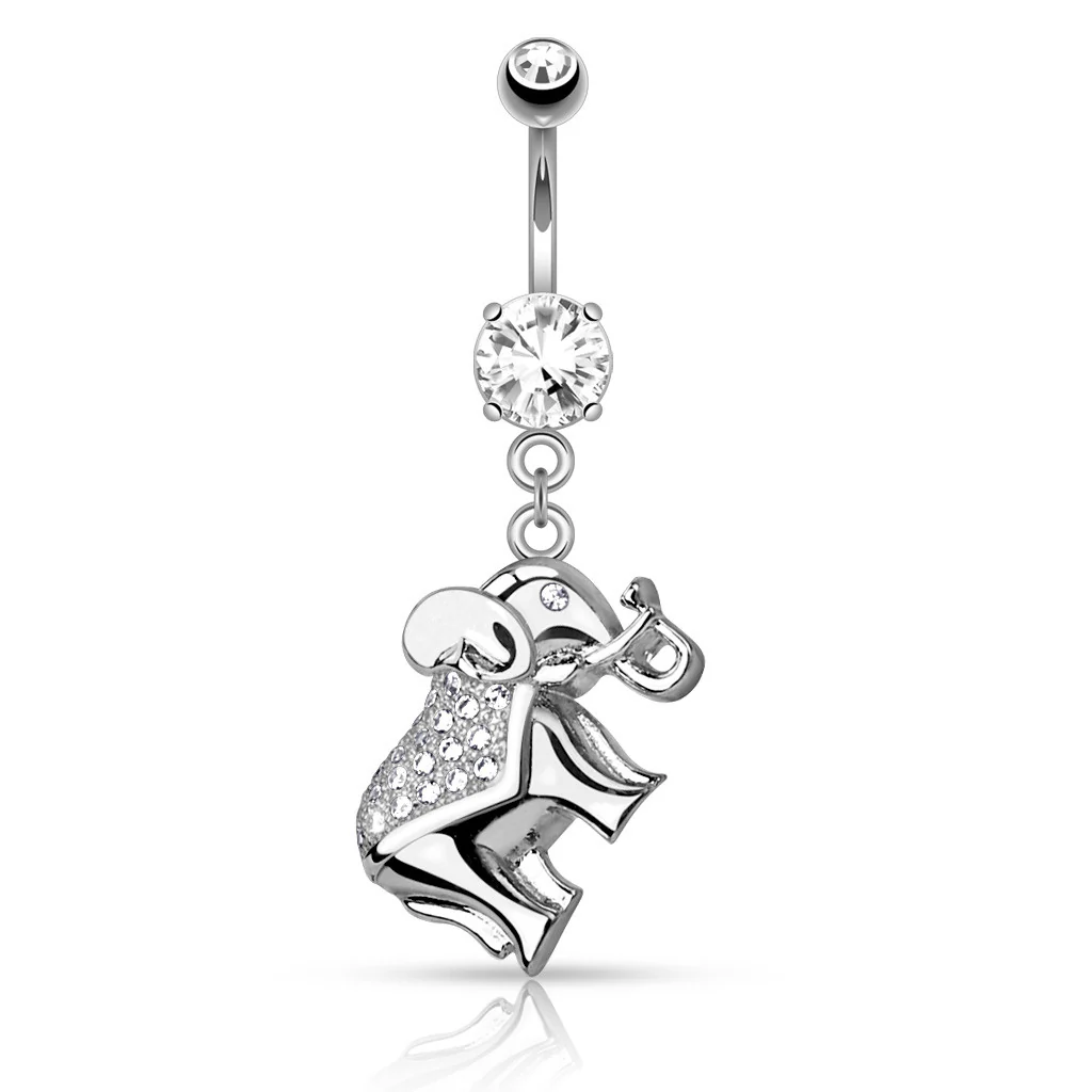 CZ Paved Elephant Dangle 316L Surgical Steel Belly Button Navel Rings - Image 2