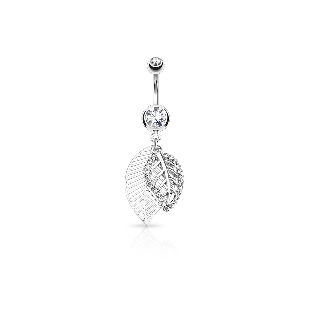 CZ Paved Leaves Dangle Surgical Steel jeweled Belly Button Navel Rings - Image 2