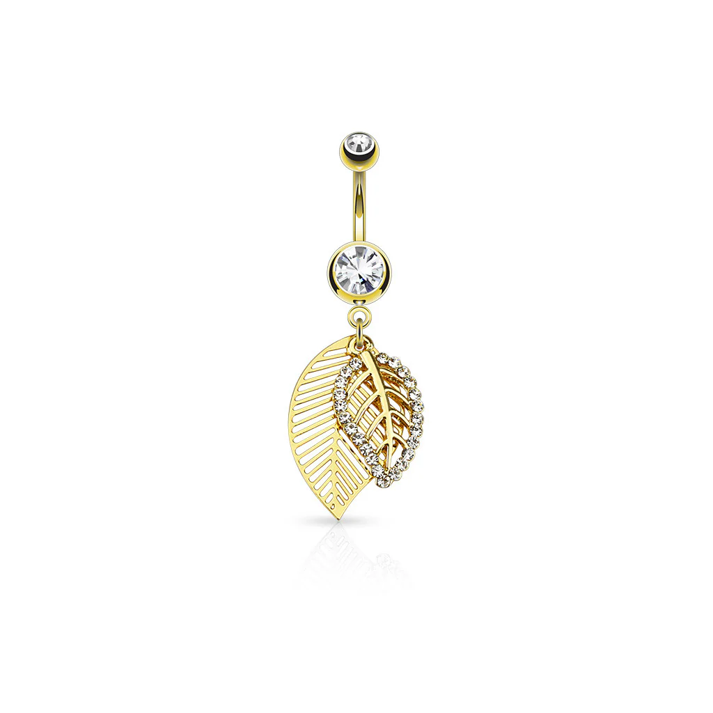 CZ Paved Leaves Dangle Surgical Steel jeweled Belly Button Navel Rings - Image 3