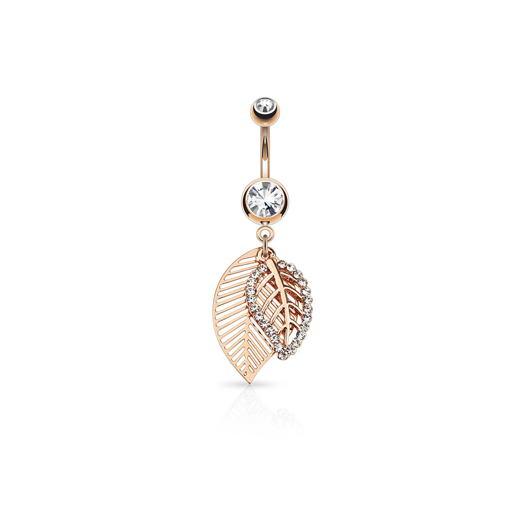 CZ Paved Leaves Dangle Surgical Steel jeweled Belly Button Navel Rings - Image 4