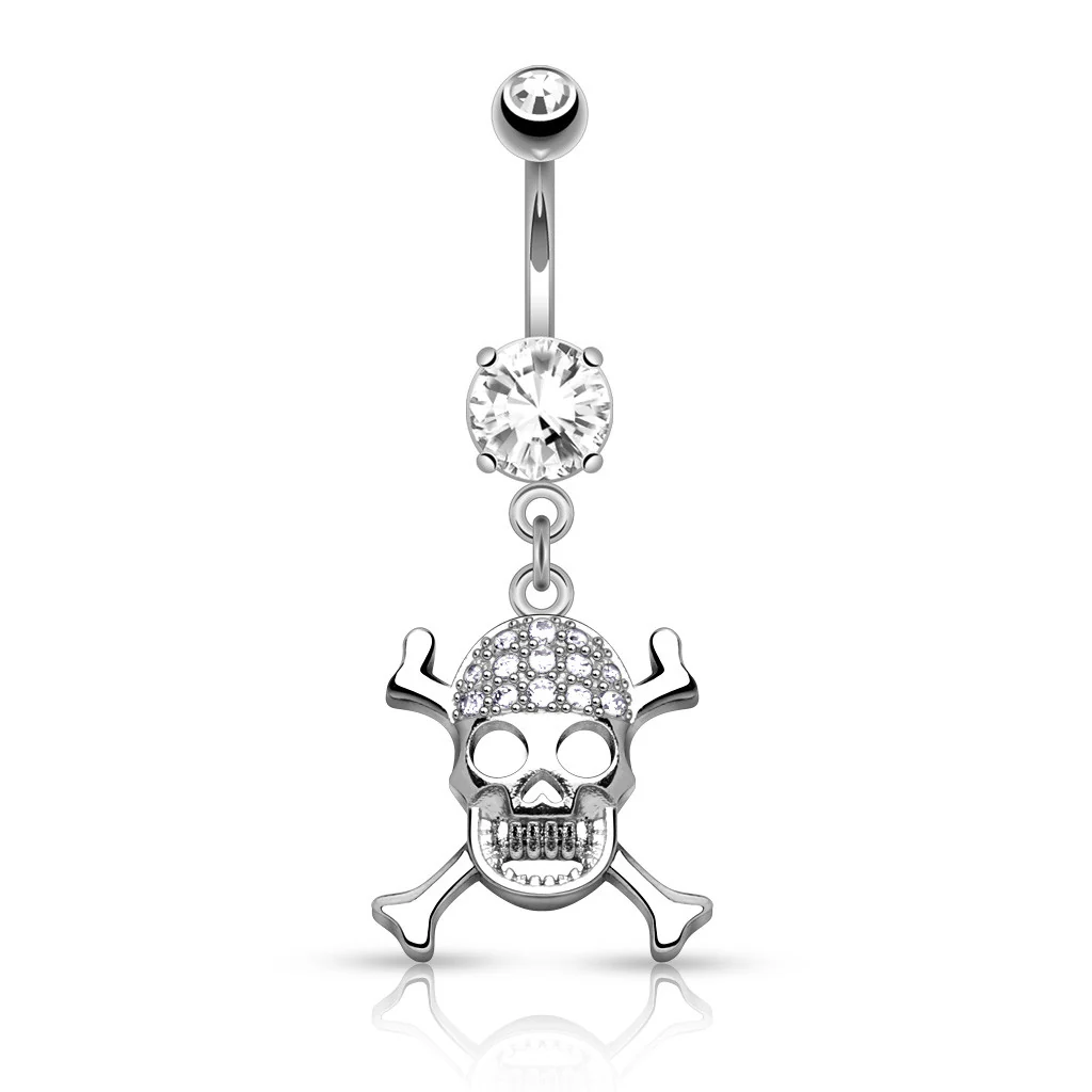 CZ Skull Cross Bones Dangle Surgical Steel Belly Button Navel Rings