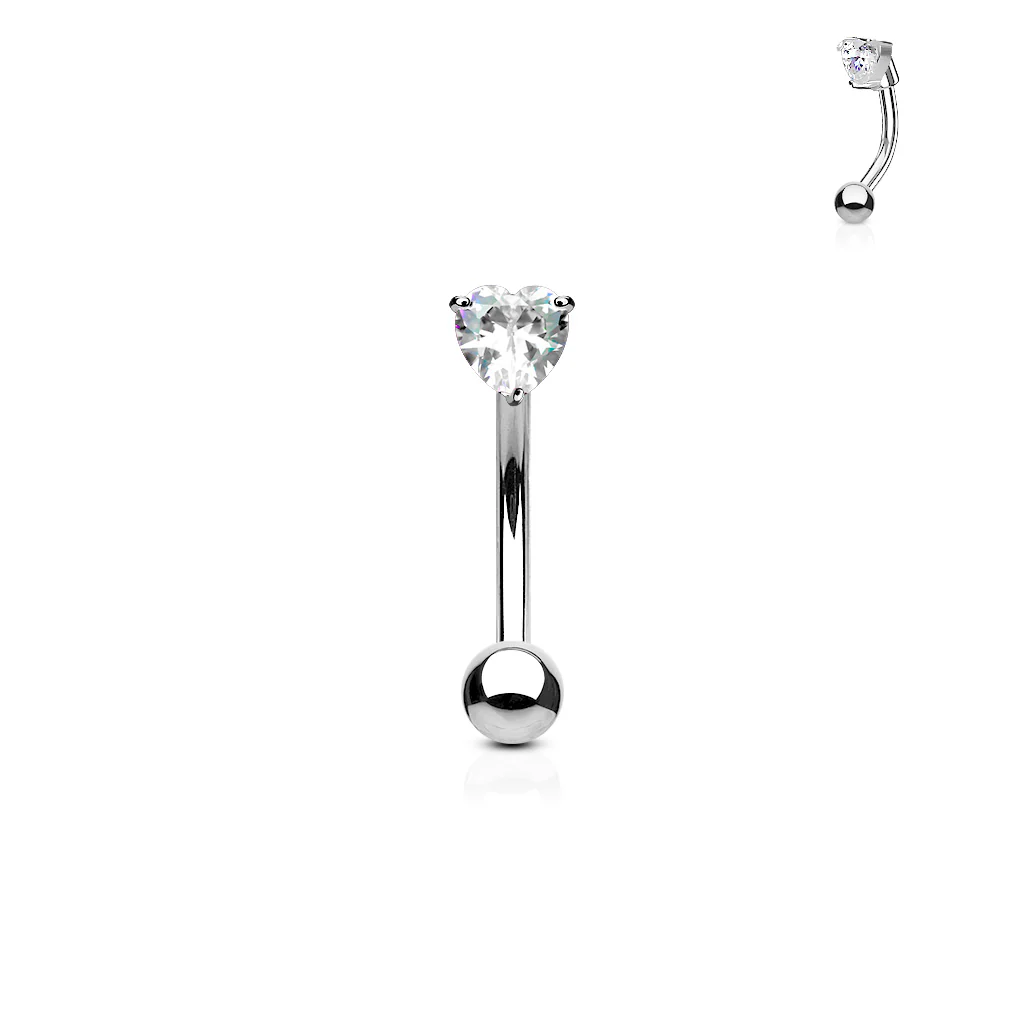 CZ Prong Set Heart 316L Surgical Steel Curved Barbells Eyebrow Rings - Image 2
