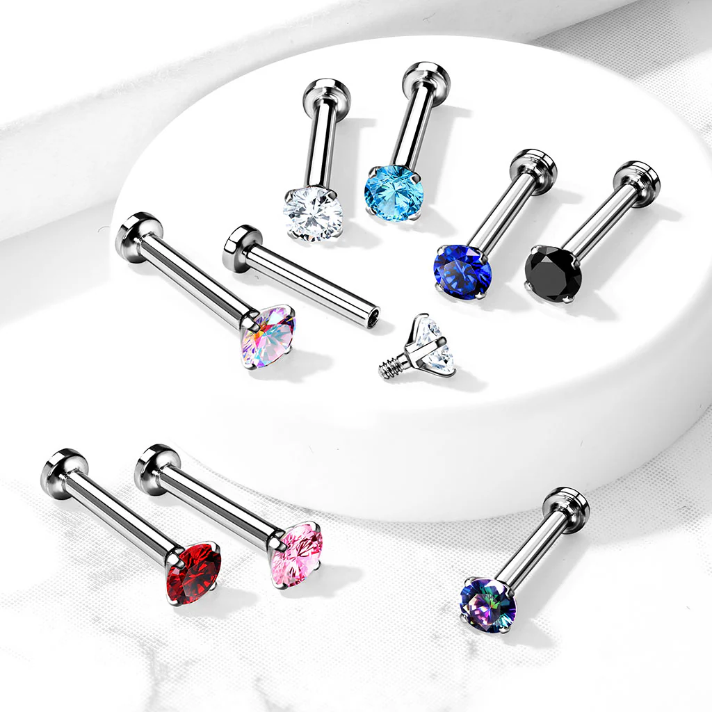 CZ Prong Set Top Flat Back Studs For Lip Chin Nose 16G