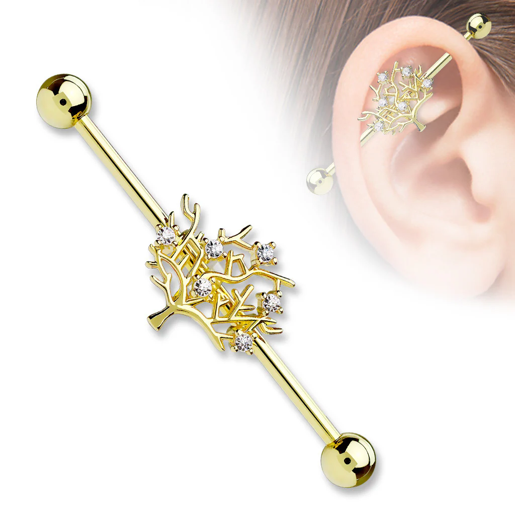 CZ Set Tree of Life 316L Surgical Steel Industrial Barbells - Image 3