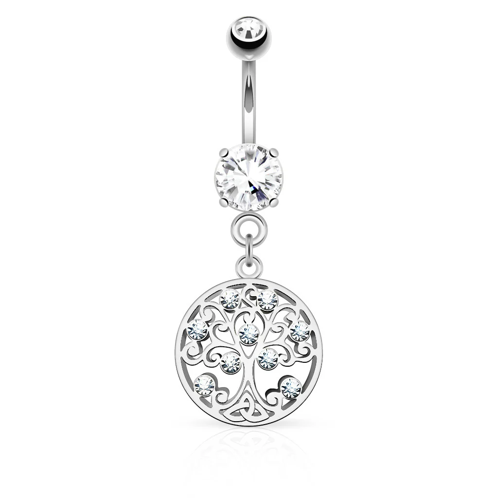 Tree of Life CZ Dangle Surgical Steel Navel Belly Button Rings - Image 2