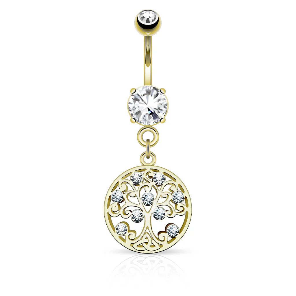 Tree of Life CZ Dangle Surgical Steel Navel Belly Button Rings - Image 3