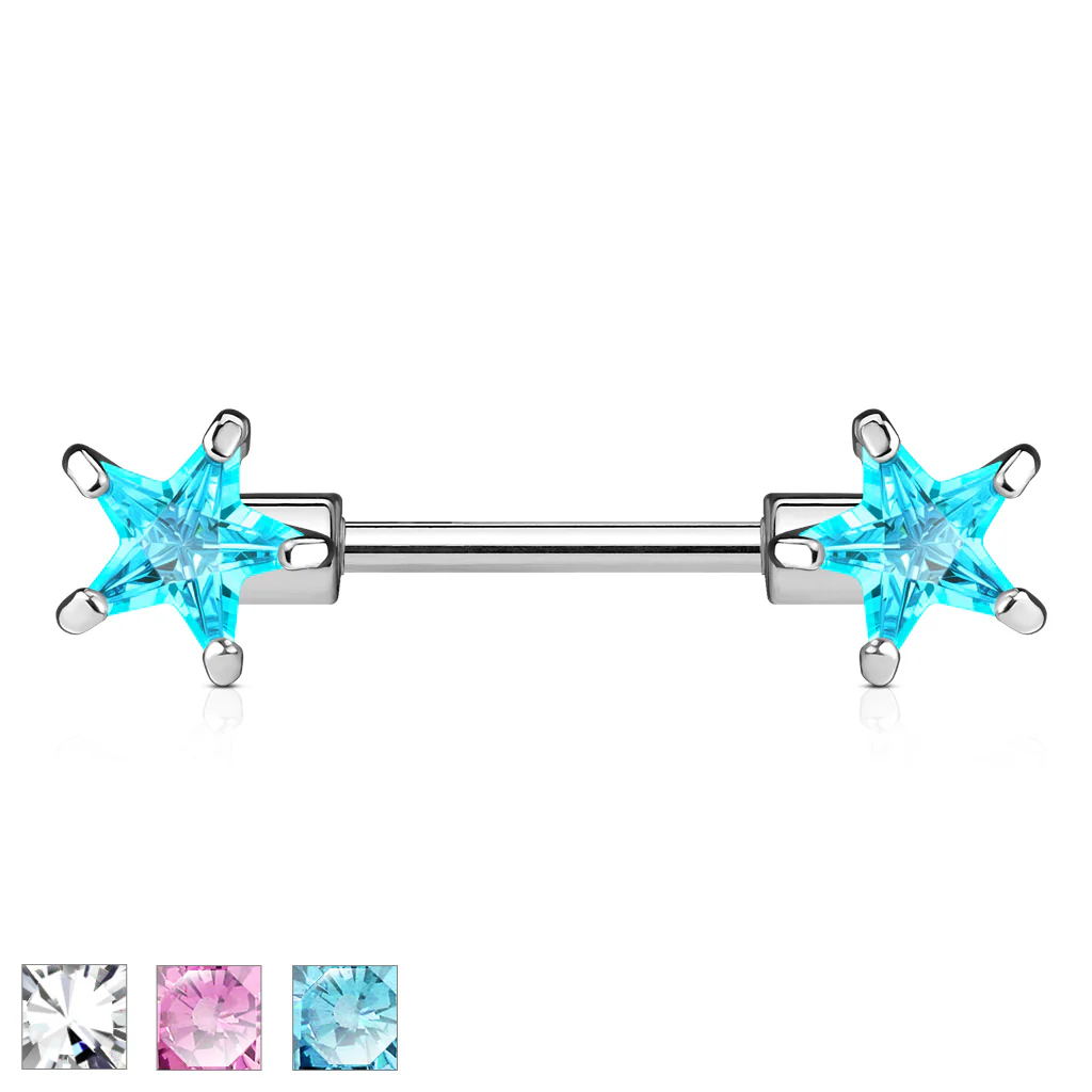 Pair of CZ Star Surgical Steel Barbell Nipple Rings
