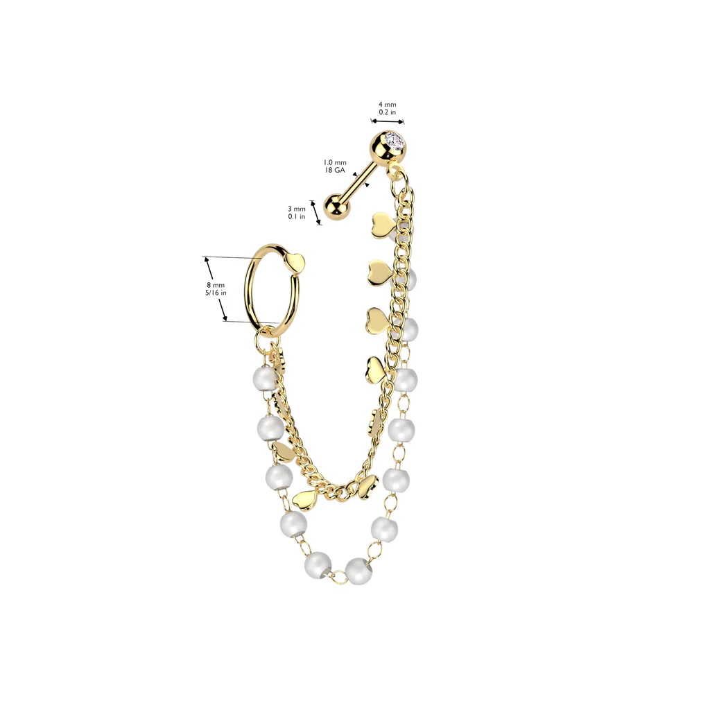 Pearl Heart Chain Linked CZ Dangle Ear Cartilage Helix Tragus Barbell Earrings - Image 4