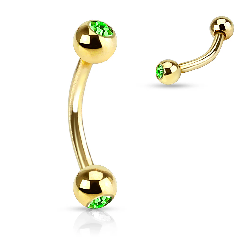 Double CZ Gold IP Curved Barbell Eyebrow Rings - Image 3