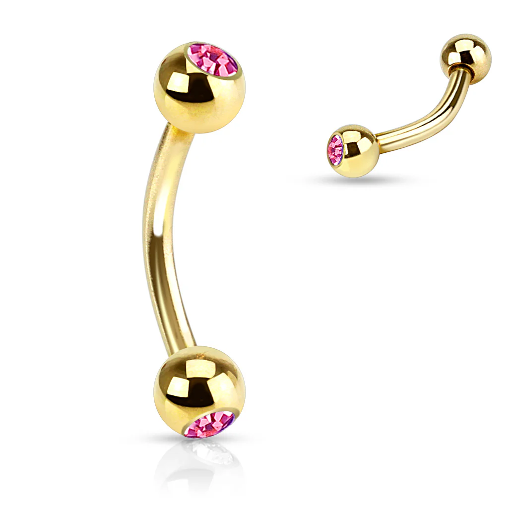 Double CZ Gold IP Curved Barbell Eyebrow Rings - Image 4