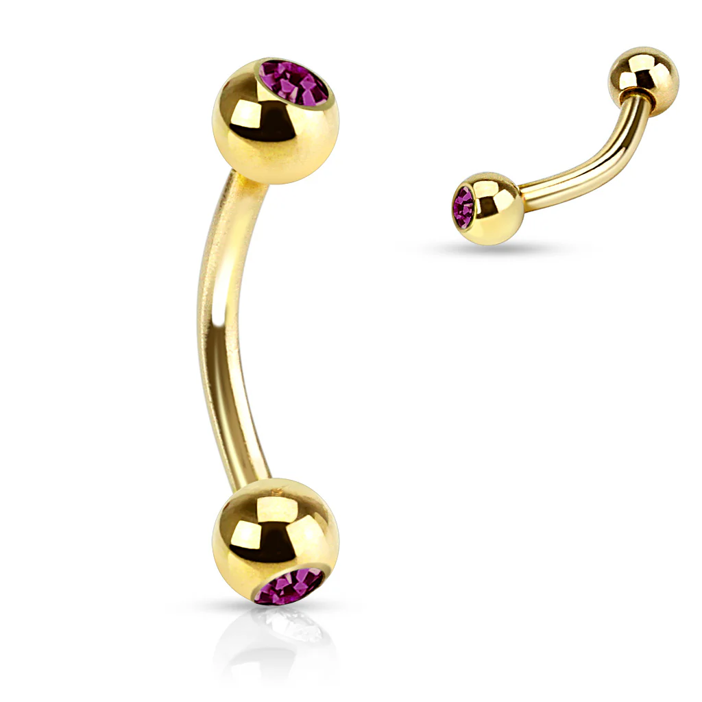 Double CZ Gold IP Curved Barbell Eyebrow Rings - Image 7