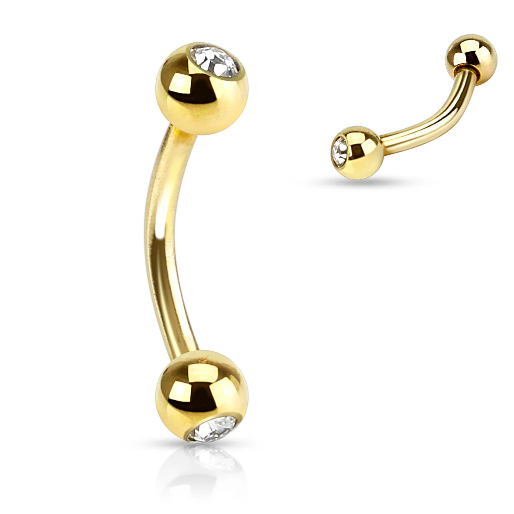 Double CZ Gold IP Curved Barbell Eyebrow Rings - Image 9