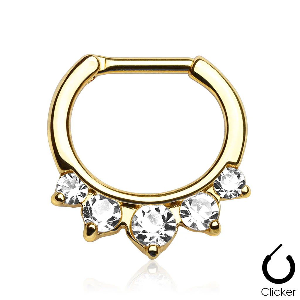 Five CZ Gold IP Surgical Steel Septum Clicker Nose Ring - Image 2