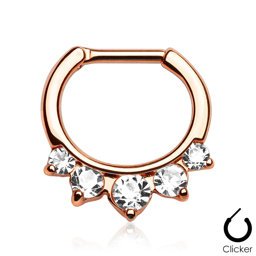 Five CZ Gold IP Surgical Steel Septum Clicker Nose Ring - Image 3