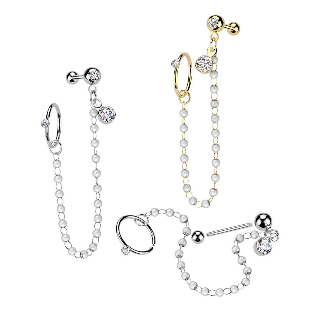 Pearl Chain CZ Dangle Ear Cartilage Helix Tragus Barbell - Image 2