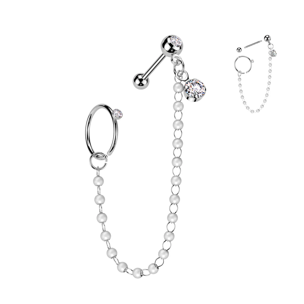 Pearl Chain CZ Dangle Ear Cartilage Helix Tragus Barbell - Image 3