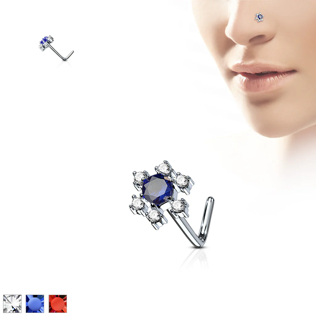 Flower CZ Top Surgical Steel L Bend Nose Stud Rings