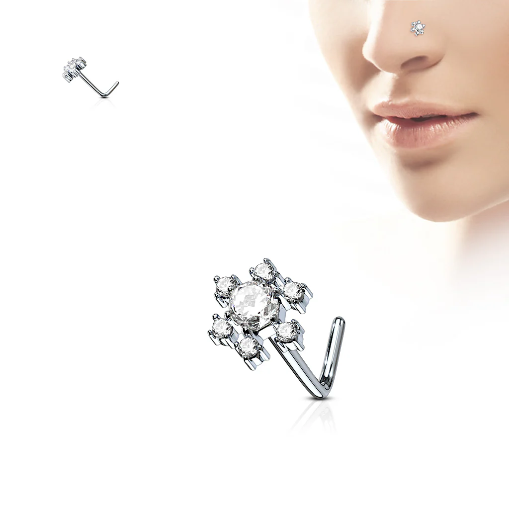 Flower CZ Top Surgical Steel L Bend Nose Stud Rings - Image 2