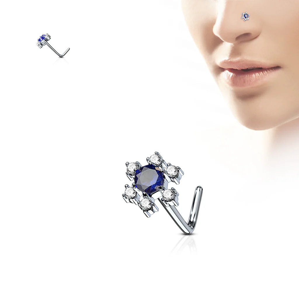 Flower CZ Top Surgical Steel L Bend Nose Stud Rings - Image 3