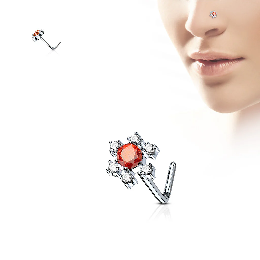 Flower CZ Top Surgical Steel L Bend Nose Stud Rings - Image 4