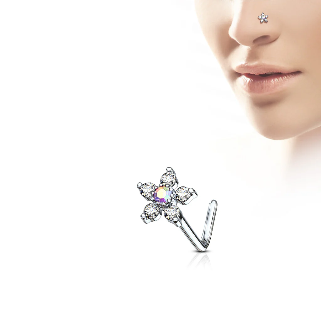 Flower CZ Top Surgical Steel L Bend Nose Stud Rings - Image 2