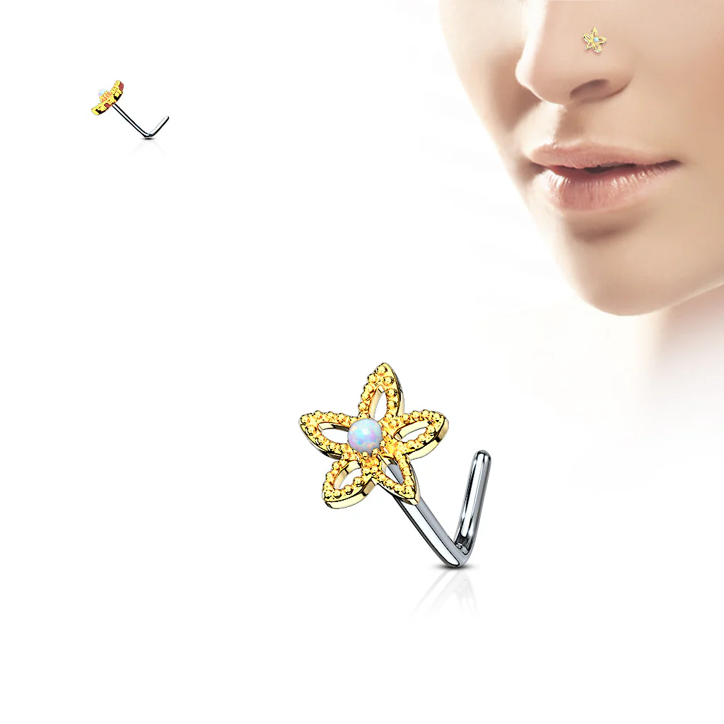Flower Opal Top Surgical Steel L Bend Nose Stud Rings - Image 2