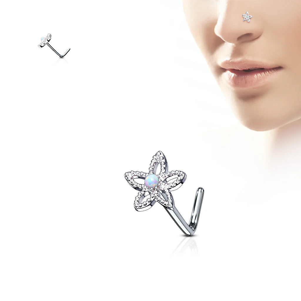 Flower Opal Top Surgical Steel L Bend Nose Stud Rings - Image 3