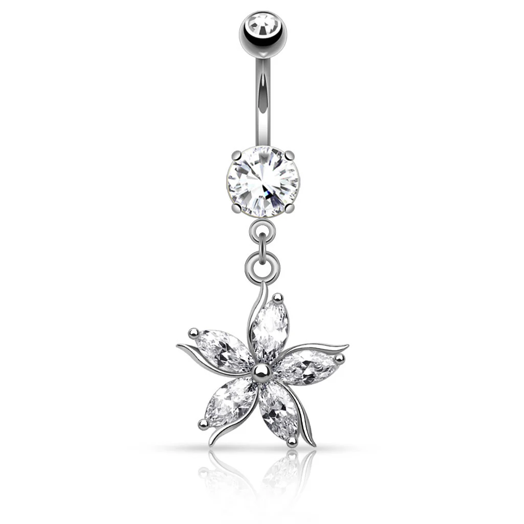 Flower w/ CZ Shard Petals Dangle Navel Belly Button Ring - Image 2