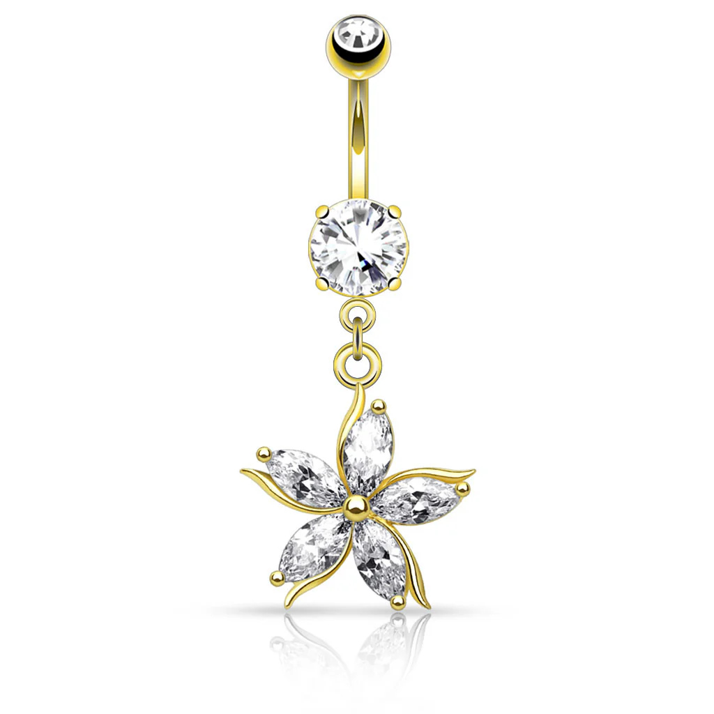 Flower w/ CZ Shard Petals Dangle Navel Belly Button Ring - Image 3