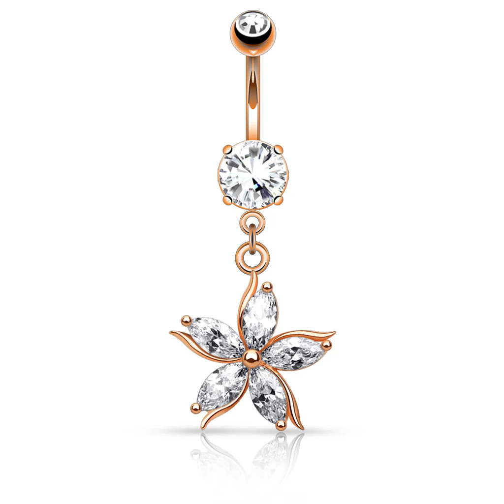 Flower w/ CZ Shard Petals Dangle Navel Belly Button Ring - Image 4