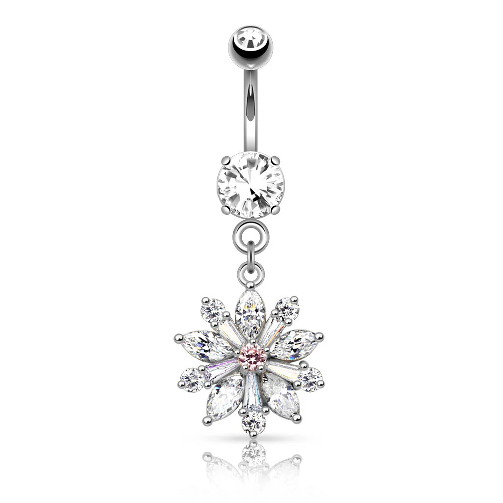 Flower w/ Prong Set CZ Shard Petals Dangle Navel Belly Button Ring - Image 2