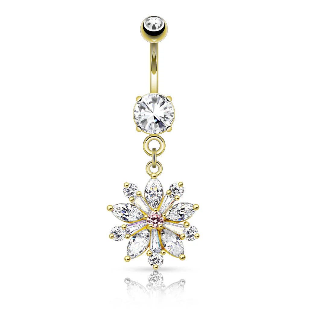 Flower w/ Prong Set CZ Shard Petals Dangle Navel Belly Button Ring - Image 3
