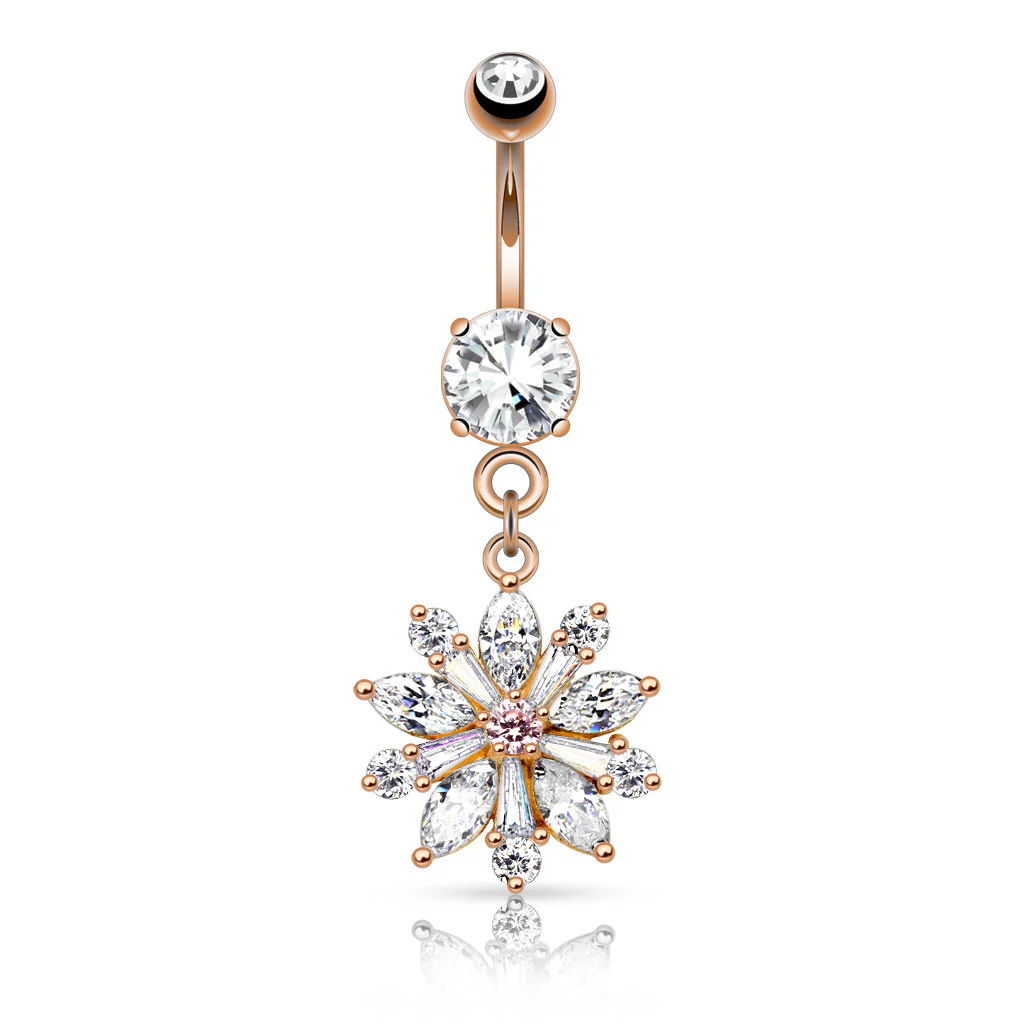 Flower w/ Prong Set CZ Shard Petals Dangle Navel Belly Button Ring - Image 4